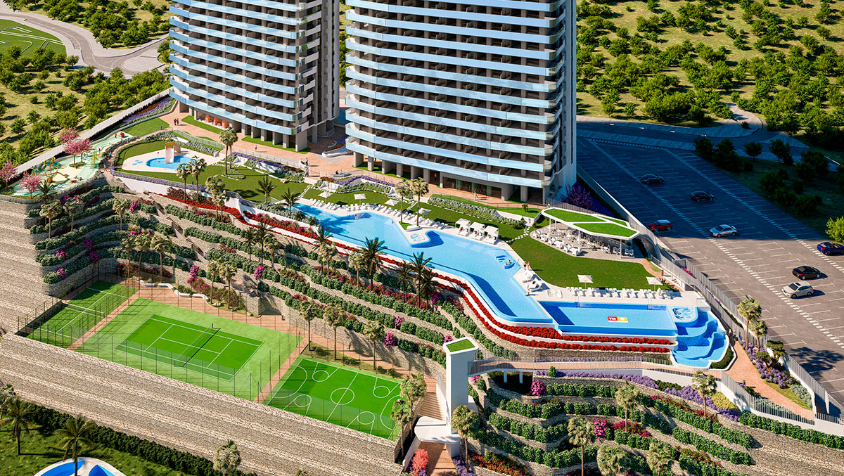 Sunset Cliffs pool terraces and sports courts from above